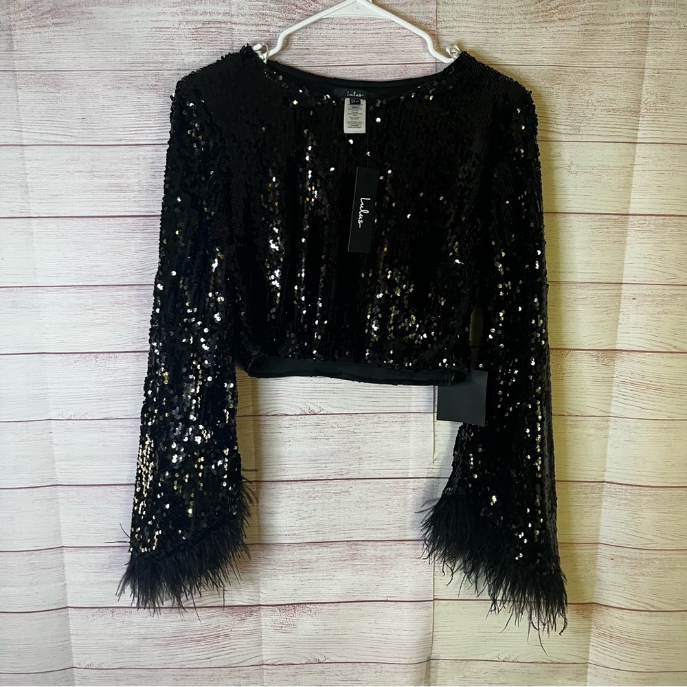 Lulus Black Long‎ Sleeve with Feathers Sequin Top Size Medium